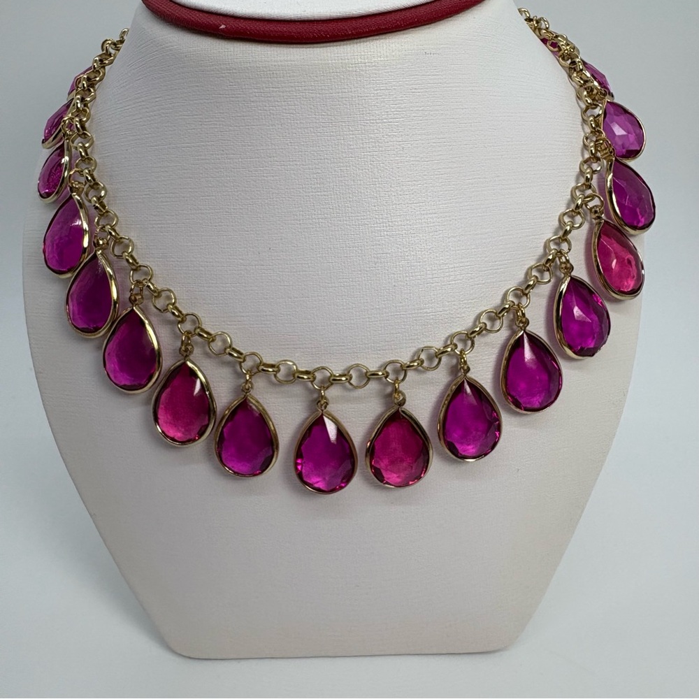 Purple Crystal Bib Statement Necklace And Earrings Set in Gold Tone, Brand New